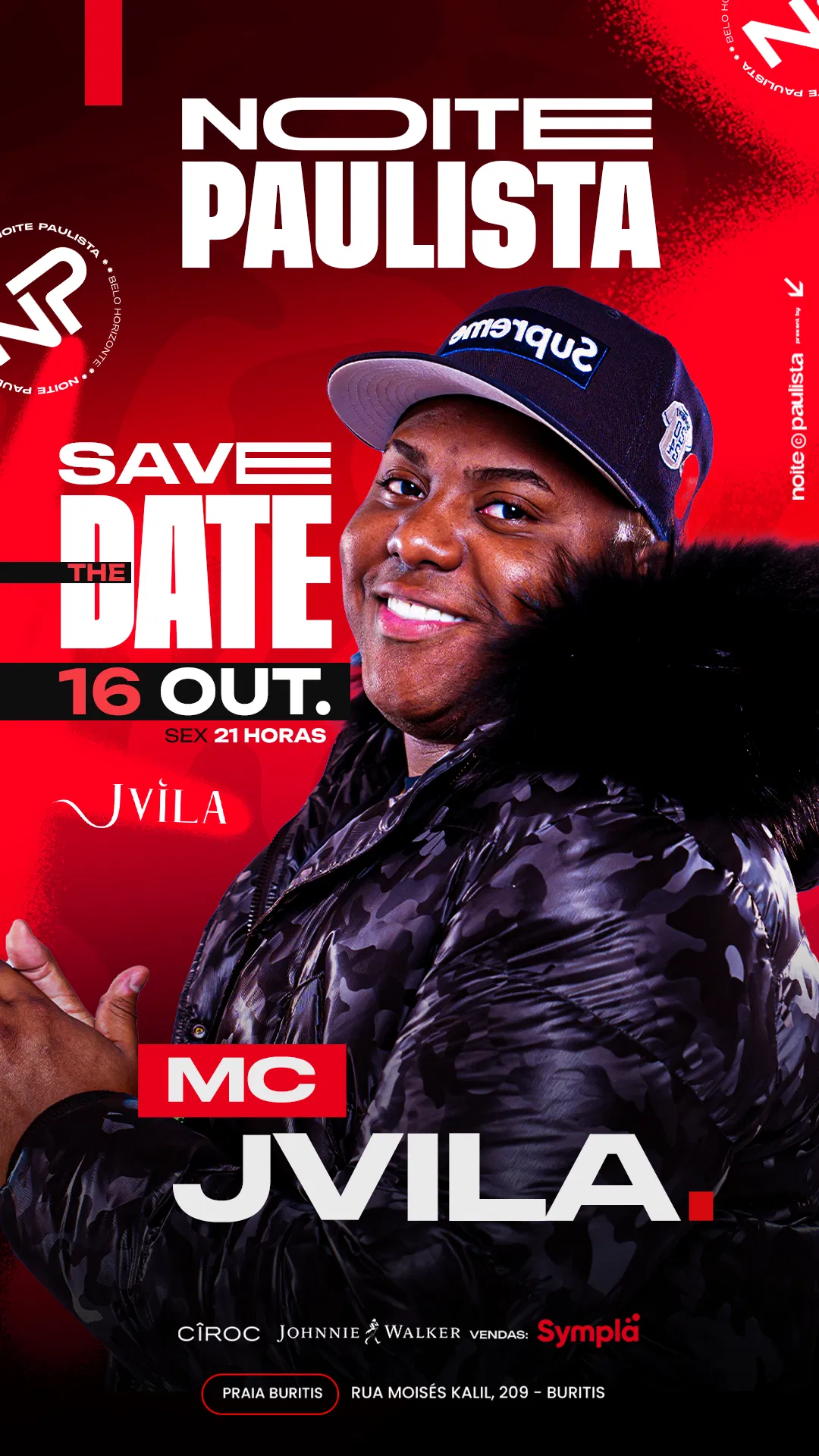 Arte completa do evento Noite Paulista com MC Jvila