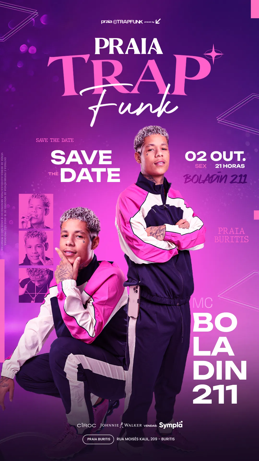 Arte completa do evento Praia Trap Funk convida MC Boladin 211